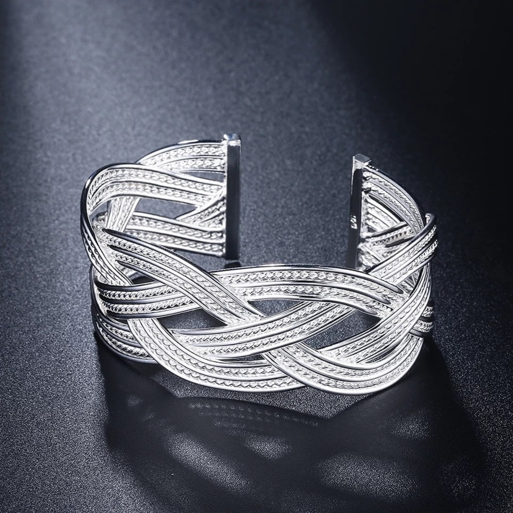 BRAIDED BANGLE BRACELET 925 STERLING SILVER - Picture 3 of 6